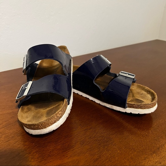 Birkenstock Shoes - Blue patent leather Birkenstock slides